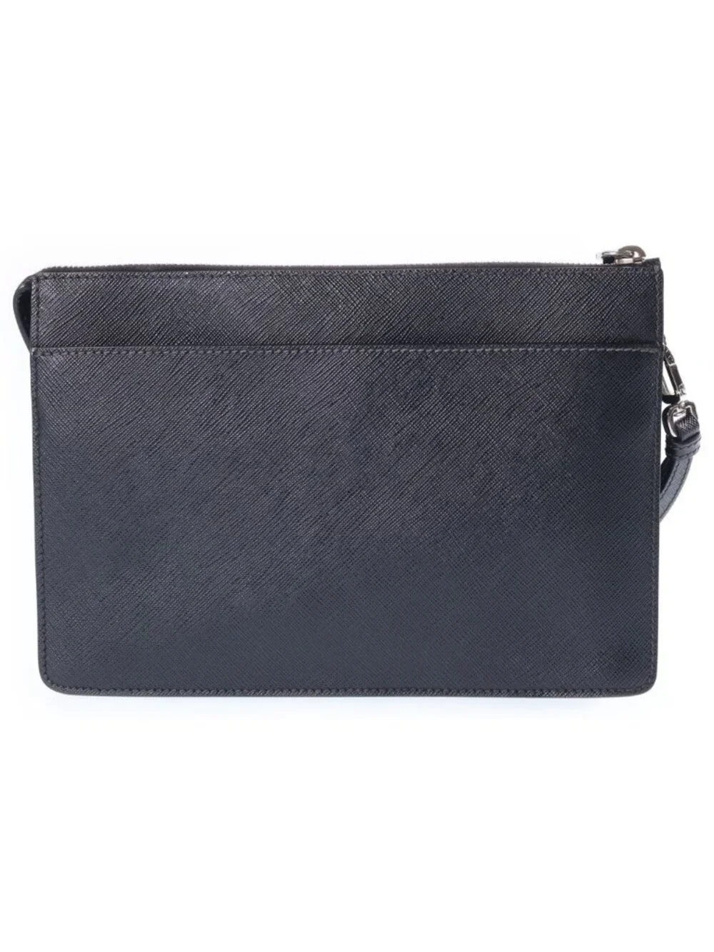 Prada Saffiano Clutch Pouch Black Leather Silver